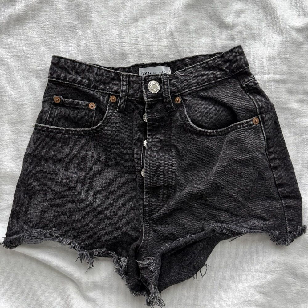 Zara women's black cut off denim shorts size 0 5-pocket button fringe
